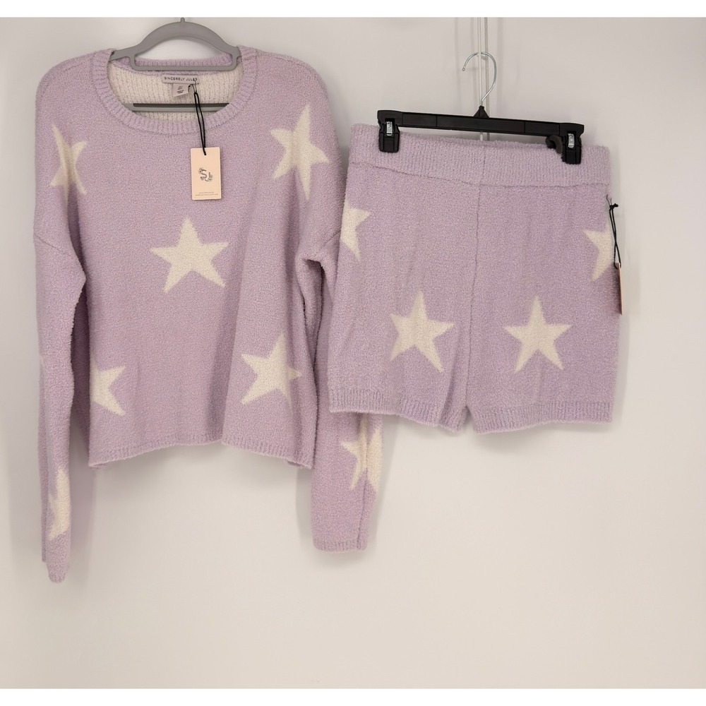 Sincerely Jules Sweater Shorts Set Women Large Soft Purple Star Fuzzy Loungewear